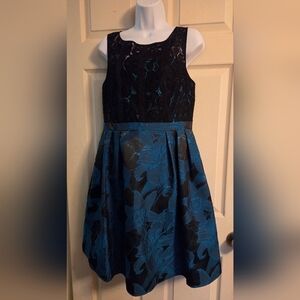 Adrianna Papell Black and Teal Metallic Jacquard Lace Cocktail Dress Size 10